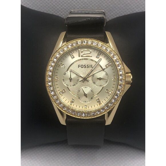 Fossil ES3343 Women's Black Leather Analog Champagne Dial Quartz Watch LP223 - Picture 1 of 9